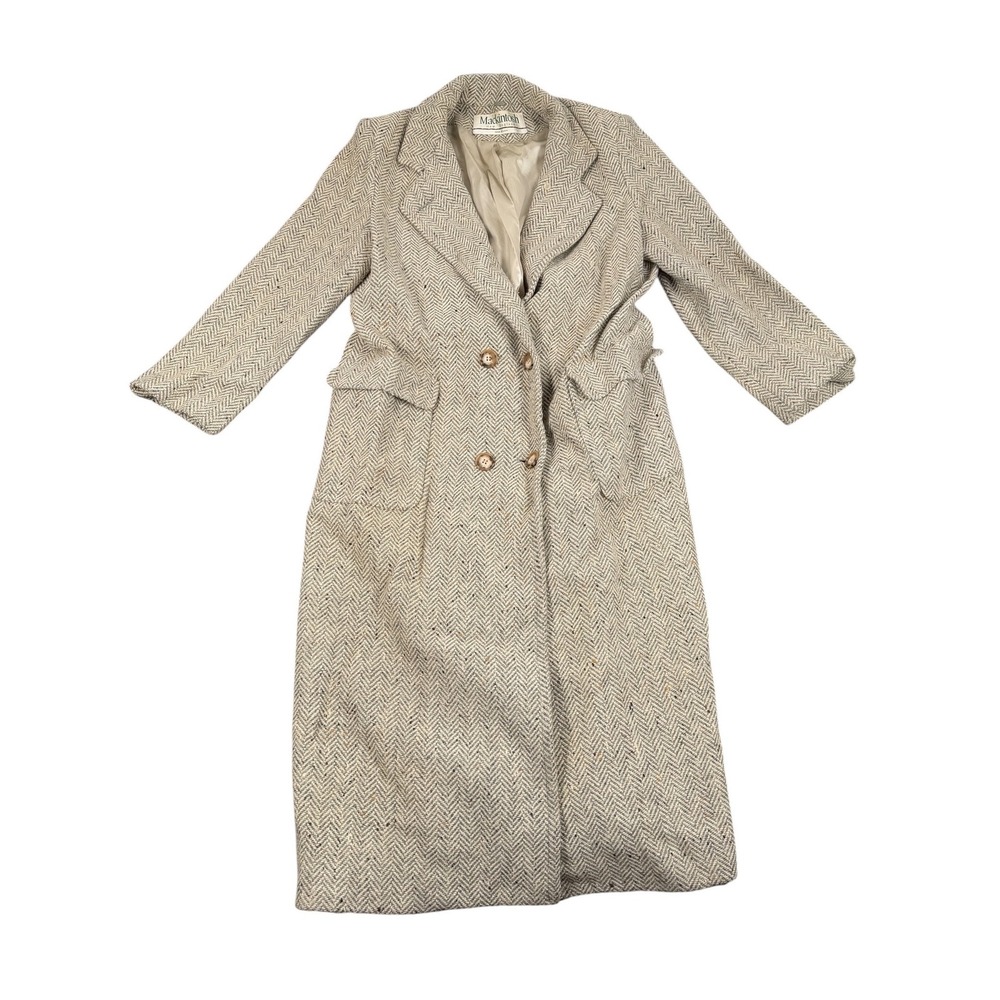 Mackintosh New England Herringbone Long Coat Womens Gray Flecked Wool Sz 10